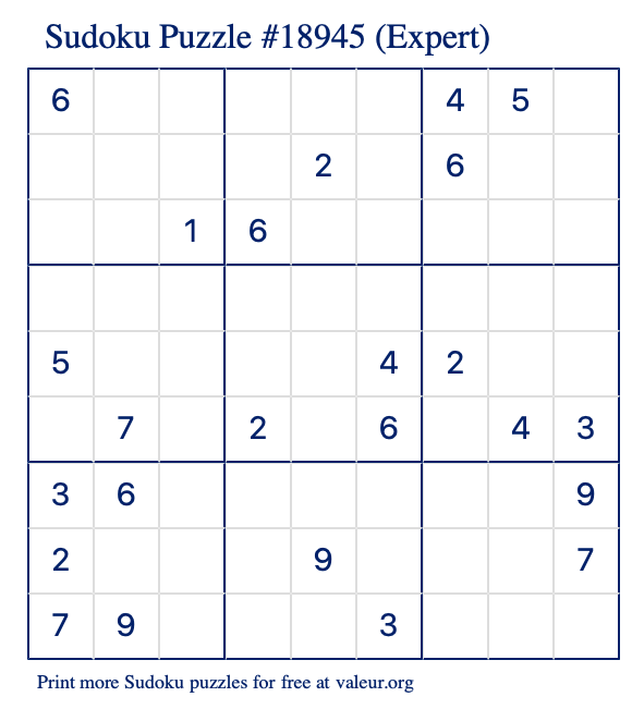 Free Printable Expert Sudoku Puzzle number 18945
