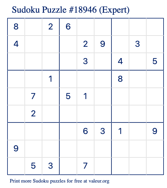 Free Printable Expert Sudoku Puzzle number 18946