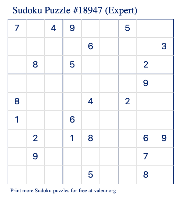 Free Printable Expert Sudoku Puzzle number 18947