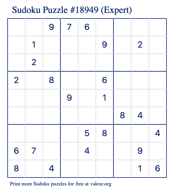 Free Printable Expert Sudoku Puzzle number 18949