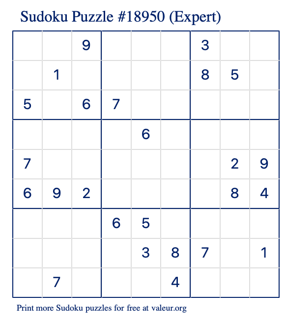 Free Printable Expert Sudoku Puzzle number 18950
