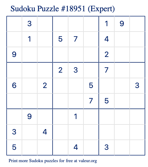 Free Printable Expert Sudoku Puzzle number 18951