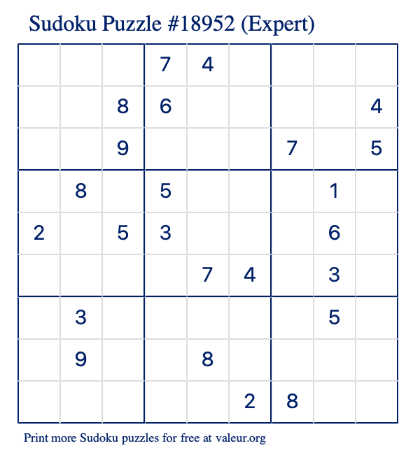Free Printable Expert Sudoku Puzzle number 18952