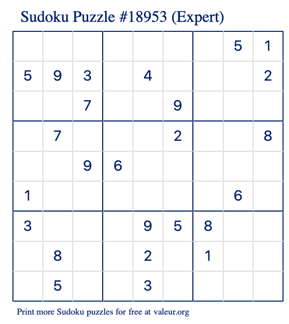 Free Printable Expert Sudoku Puzzle number 18953