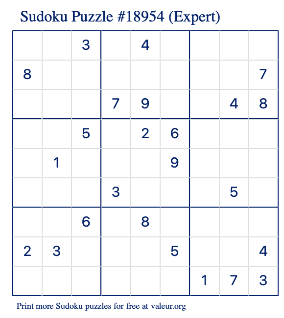 Free Printable Expert Sudoku Puzzle number 18954