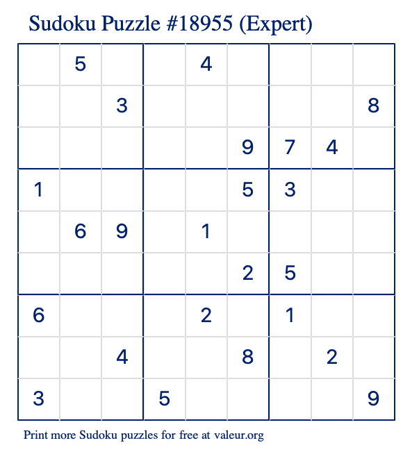 Free Printable Expert Sudoku Puzzle number 18955