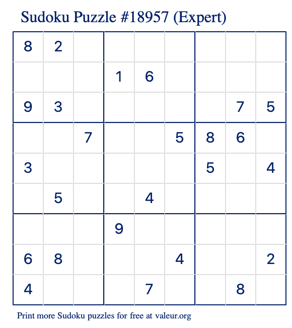 Free Printable Expert Sudoku Puzzle number 18957