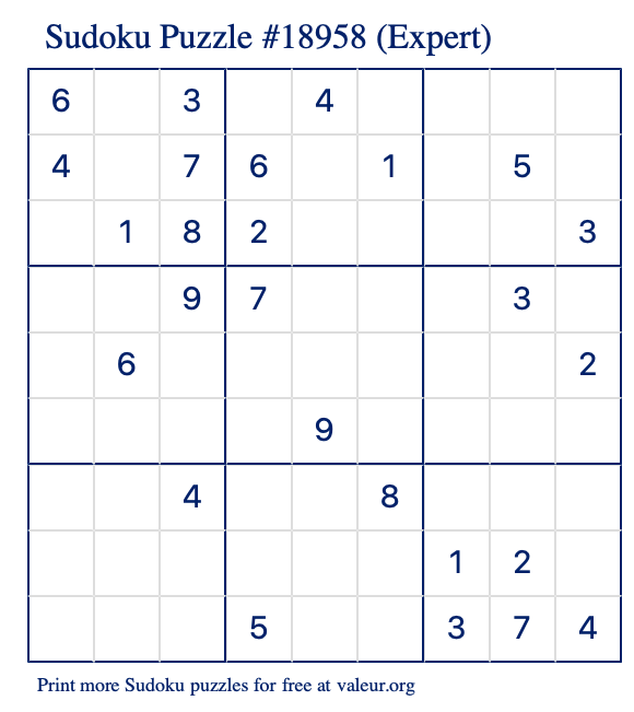 Free Printable Expert Sudoku Puzzle number 18958