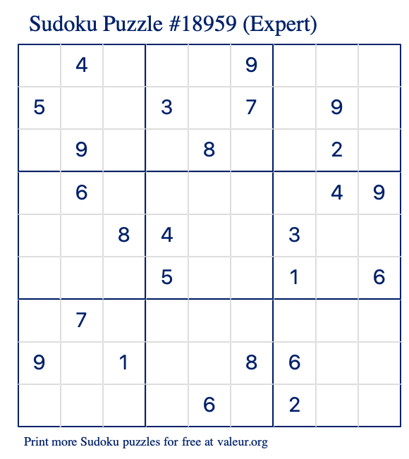 Free Printable Expert Sudoku Puzzle number 18959
