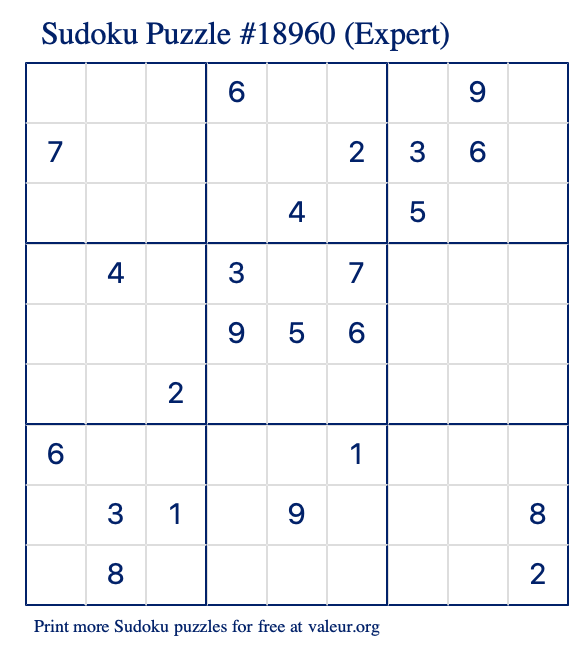Free Printable Expert Sudoku Puzzle number 18960