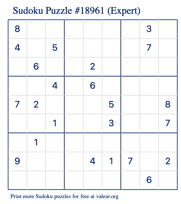 Free Printable Expert Sudoku Puzzle number 18961