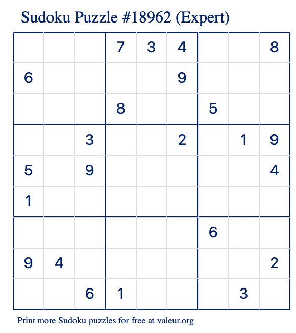 Free Printable Expert Sudoku Puzzle number 18962