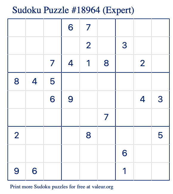 Free Printable Expert Sudoku Puzzle number 18964