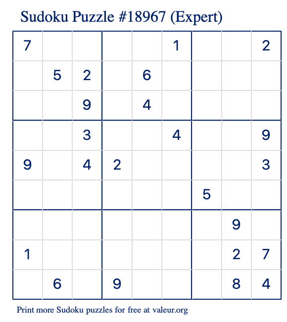 Free Printable Expert Sudoku Puzzle number 18967