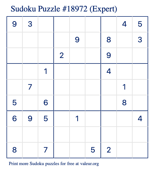 Free Printable Expert Sudoku Puzzle number 18972