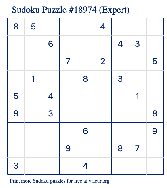 Free Printable Expert Sudoku Puzzle number 18974
