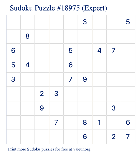 Free Printable Expert Sudoku Puzzle number 18975