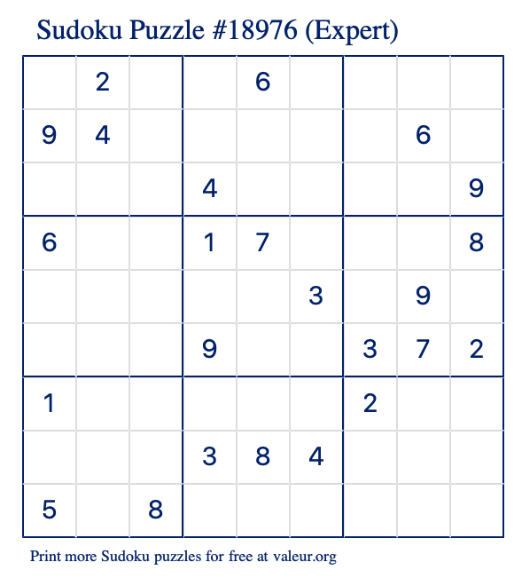 Free Printable Expert Sudoku Puzzle number 18976