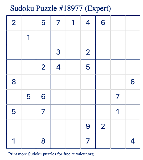 Free Printable Expert Sudoku Puzzle number 18977
