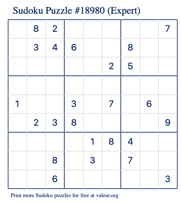Free Printable Expert Sudoku Puzzle number 18980