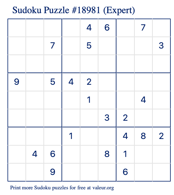 Free Printable Expert Sudoku Puzzle number 18981