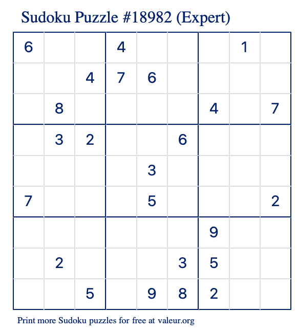 Free Printable Expert Sudoku Puzzle number 18982