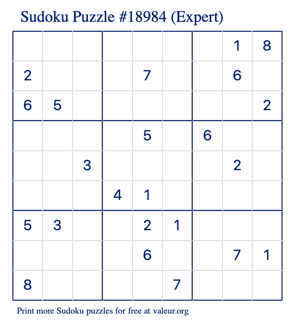 Free Printable Expert Sudoku Puzzle number 18984