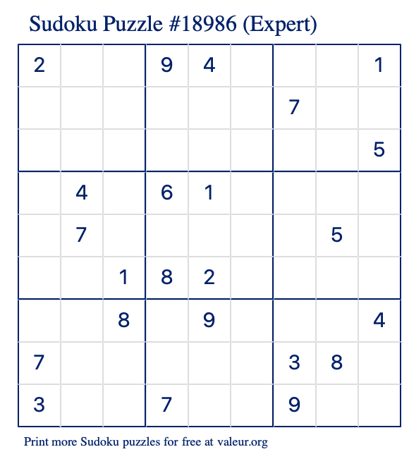 Free Printable Expert Sudoku Puzzle number 18986