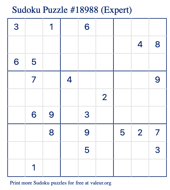 Free Printable Expert Sudoku Puzzle number 18988
