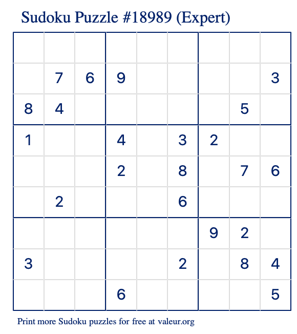 Free Printable Expert Sudoku Puzzle number 18989