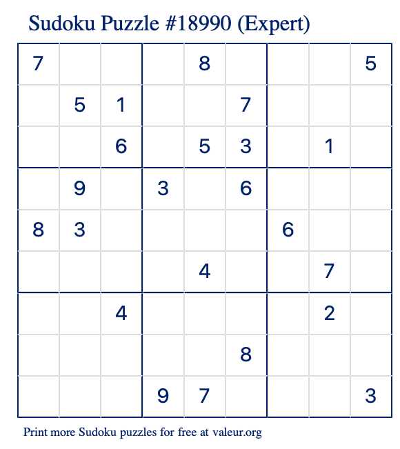 Free Printable Expert Sudoku Puzzle number 18990