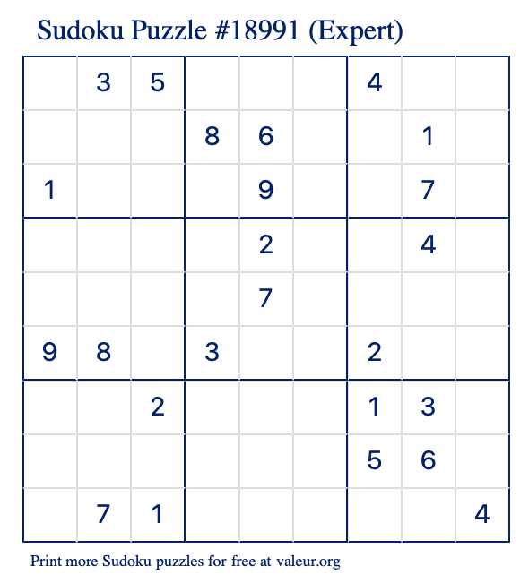 Free Printable Expert Sudoku Puzzle number 18991
