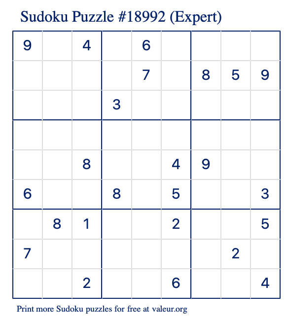 Free Printable Expert Sudoku Puzzle number 18992