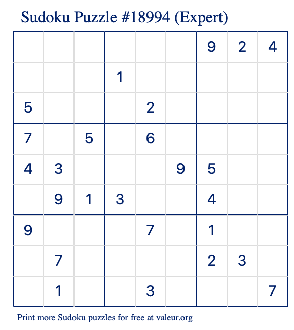 Free Printable Expert Sudoku Puzzle number 18994