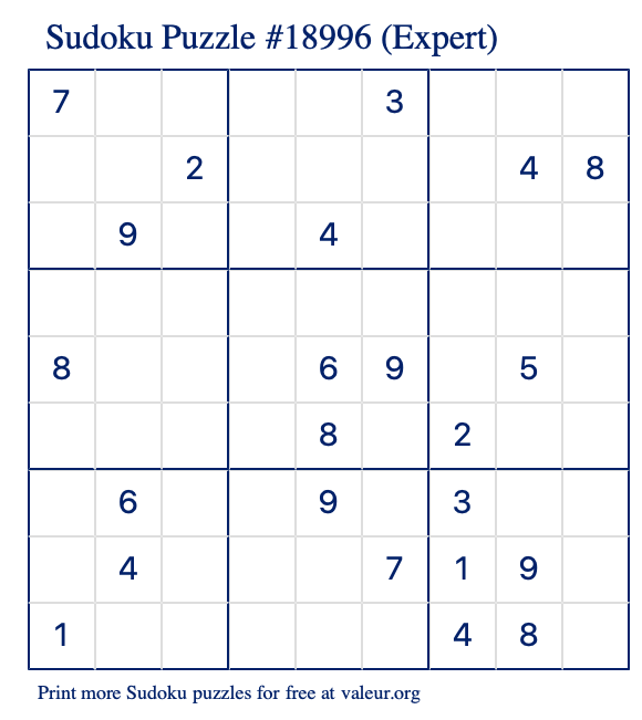 Free Printable Expert Sudoku Puzzle number 18996