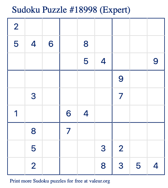 Free Printable Expert Sudoku Puzzle number 18998