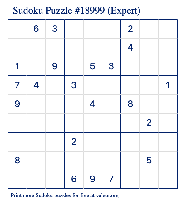 Free Printable Expert Sudoku Puzzle number 18999