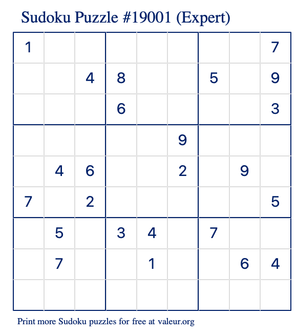 Free Printable Expert Sudoku Puzzle number 19001