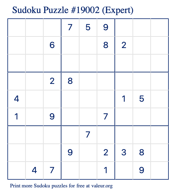 Free Printable Expert Sudoku Puzzle number 19002