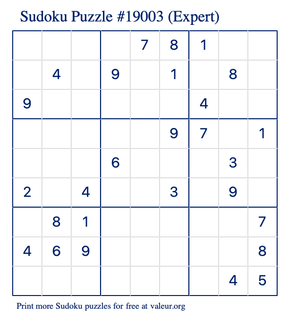 Free Printable Expert Sudoku Puzzle number 19003