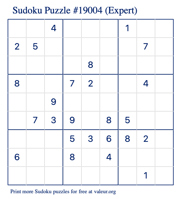 Free Printable Expert Sudoku Puzzle number 19004