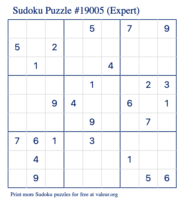 Free Printable Expert Sudoku Puzzle number 19005