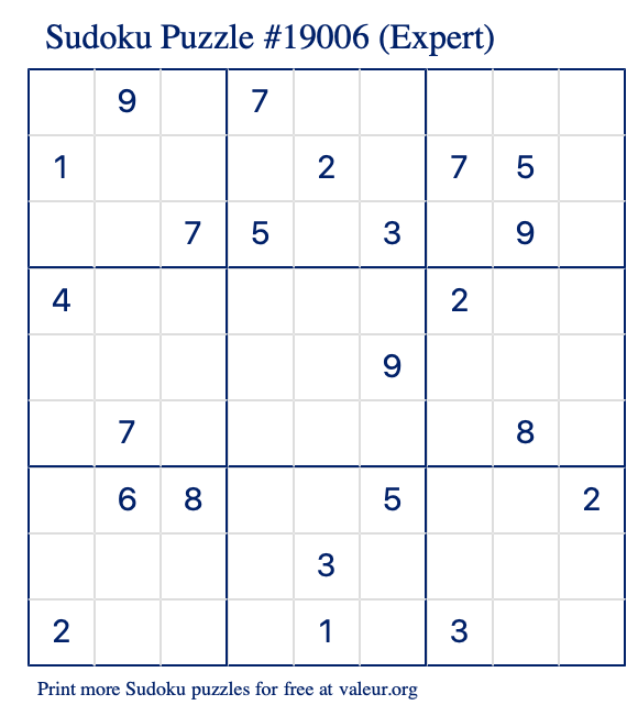 Free Printable Expert Sudoku Puzzle number 19006