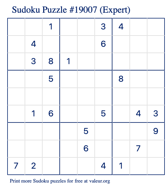 Free Printable Expert Sudoku Puzzle number 19007