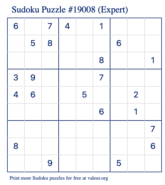 Free Printable Expert Sudoku Puzzle number 19008