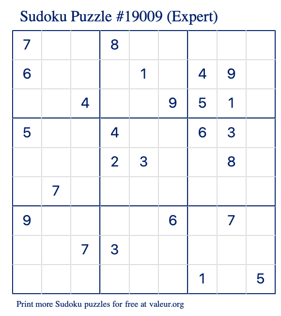 Free Printable Expert Sudoku Puzzle number 19009