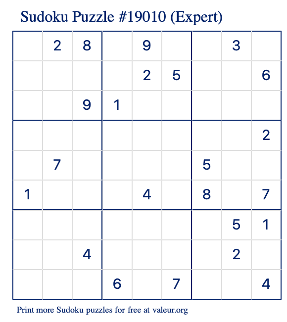 Free Printable Expert Sudoku Puzzle number 19010