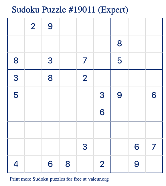 Free Printable Expert Sudoku Puzzle number 19011