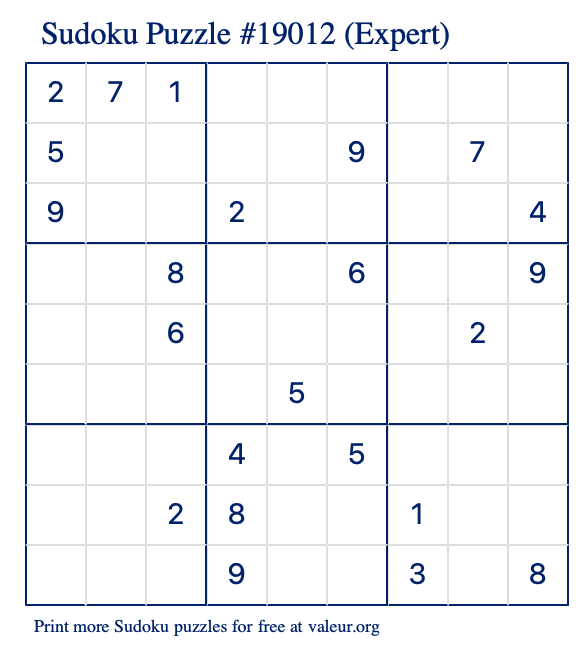 Free Printable Expert Sudoku Puzzle number 19012