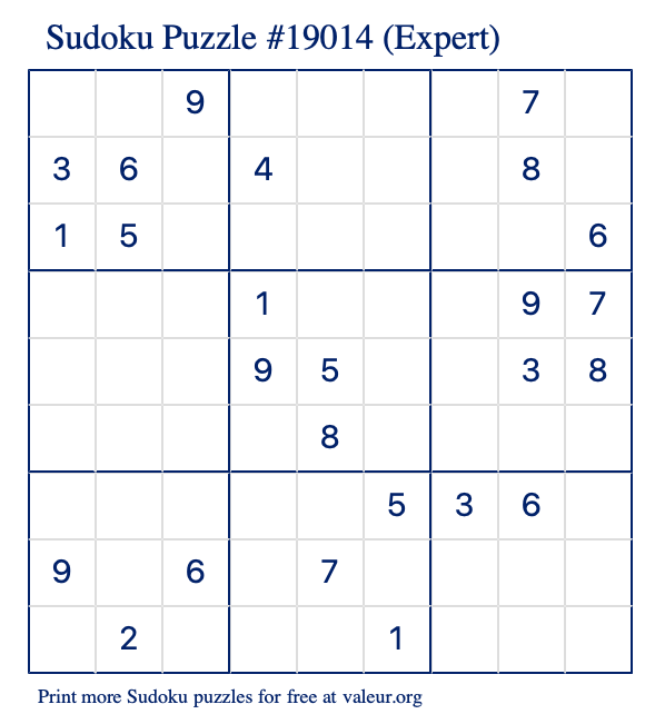 Free Printable Expert Sudoku Puzzle number 19014